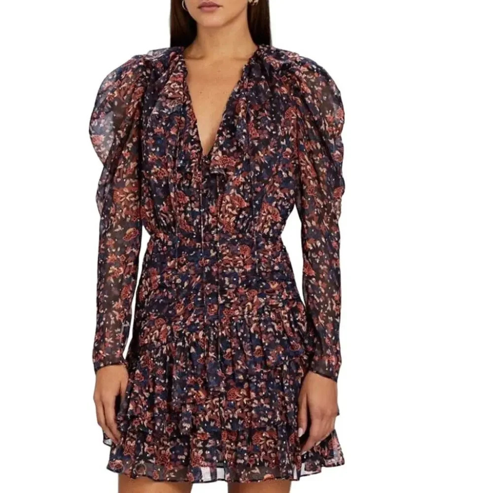 Ulla Johnson Cecily Mini Dress in Cosmos Floral Print Ruffles Puff Sleeve Size 4 - Picture 3 of 11